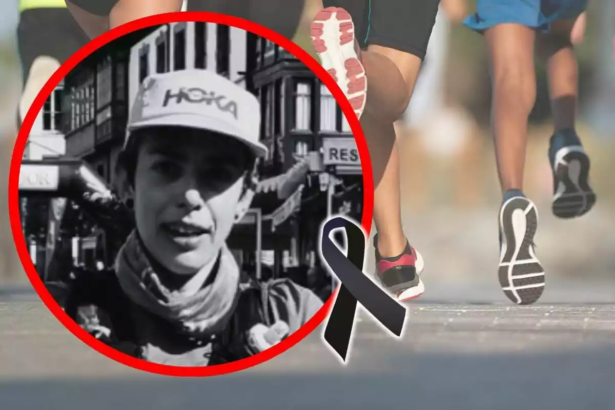 Fotografía de varias personas corriendo con un recuadro que muestra el retrato en blanco y negro de Cristina Saturnino con gorra y un crespón negro en señal de luto.