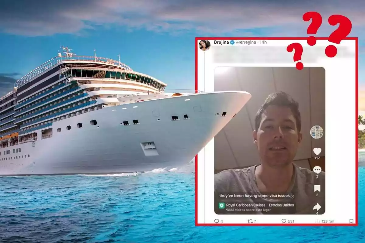 Montaje de fotos de un crucero navegando por el mar y, al lado, la captura de pantalla de un hilo viral de Twitter con el contenido borroso