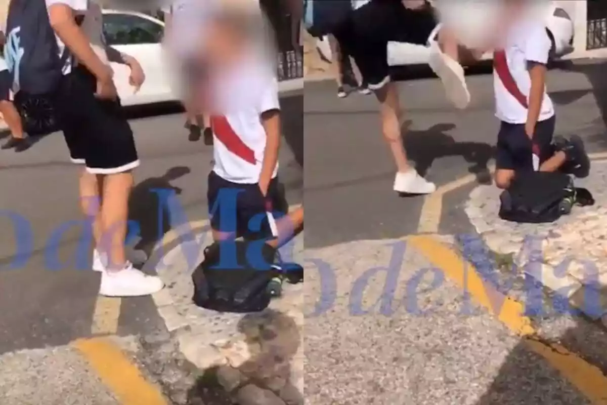 Montaje de fotos de imágenes de una agresión a un niño en la puerta de un instituto de Mallorca