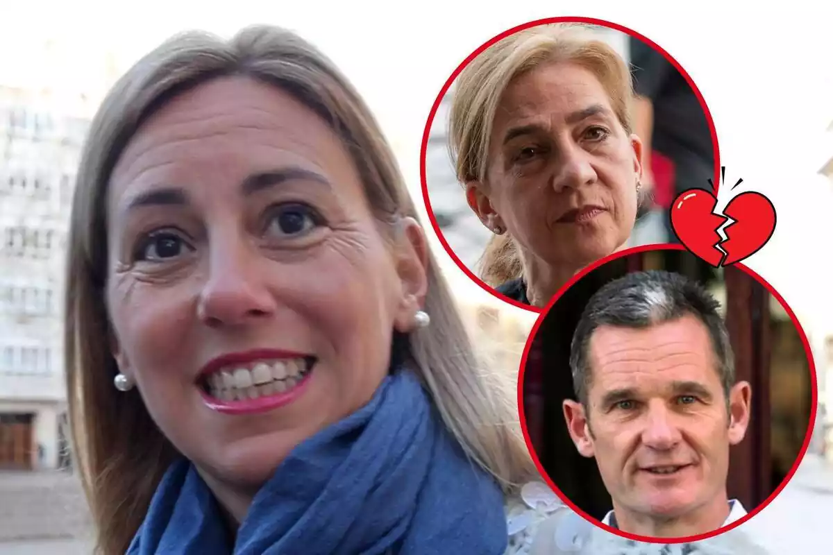 Montaje de fotos de Ainhoa Armentia sonriente, Iñaki Urdangarin sonriente y la Infanta Cristina con rostro serio y el emoji de un corazón roto al lado