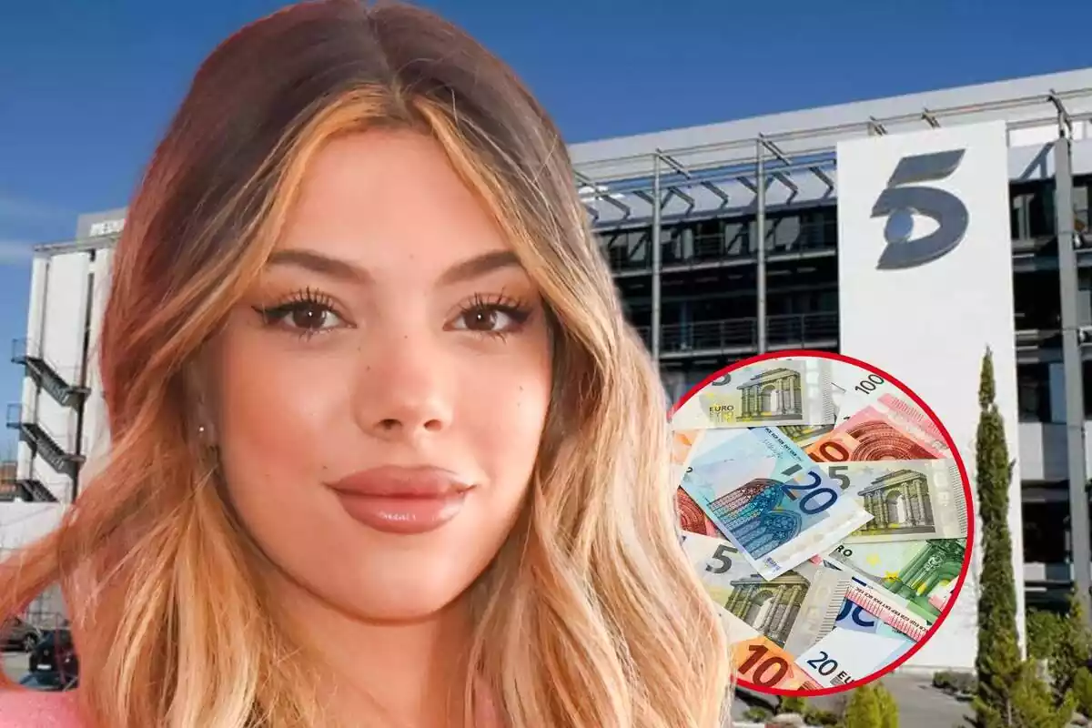 Montaje de fotos de primer plano de Alejandra Rubio, con dinero al lado, y de fondo las instalaciones de Telecinco