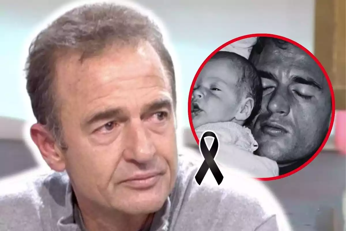 Montaje de fotos de primer plano de Alessandro Lequio con rostro triste y, al lado, una imagen de él con su hijo de bebé