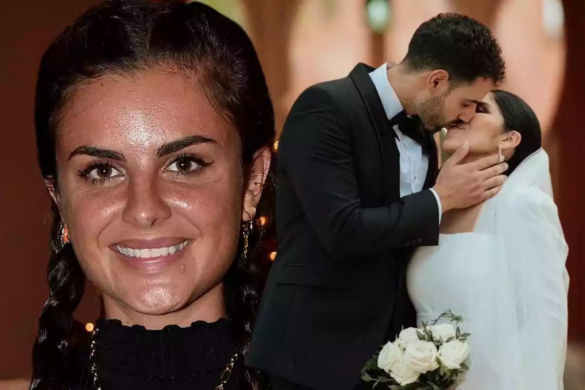Montaje de fotos de Alexia Rivas sonriente y, de fondo, una imagen de Isa Pantoja y Asraf Beno besándose el día de su boda