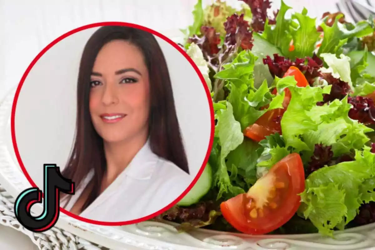 Montaje de fotos de la nutricionista Almudena Villascla y, al lado la imagen de un plato de lechuga