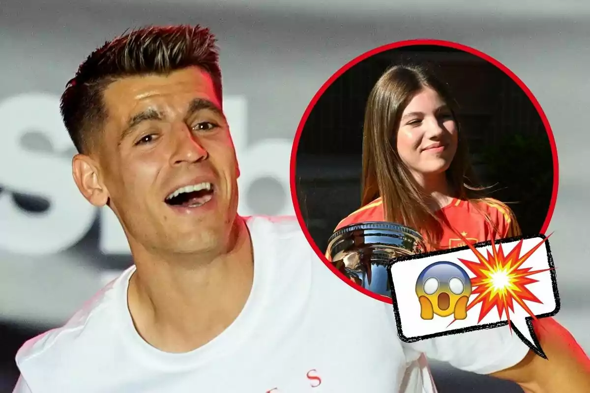 Álvaro Morata sonriente con una camiseta blanca y una imagen insertada de la infanta Sofía de Borbón con una camiseta roja sosteniendo un trofeo, acompañada de un emoji de sorpresa y explosión.