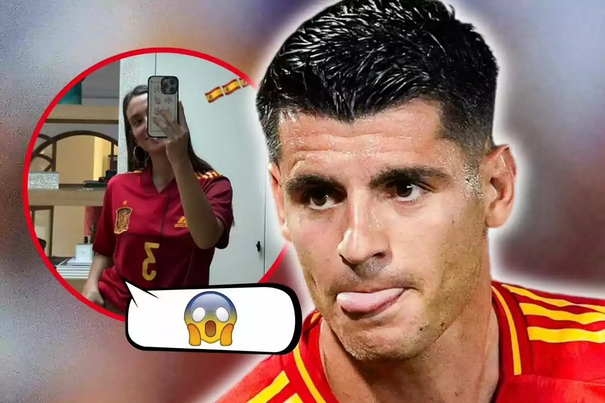 María Pombo tomándose una selfie con la camiseta de la selección española de fútbol y Álvaro Morata en primer plano con una expresión facial y un emoji de sorpresa.