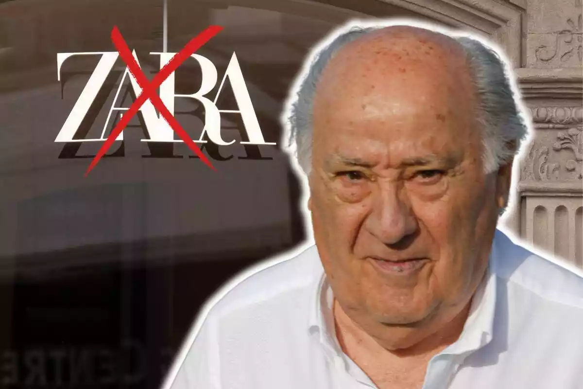 Montaje de fotos de primer plano de Amancio Ortega con rostro serio y, de fondo, una imagen de una tienda Zara con el logo tachado