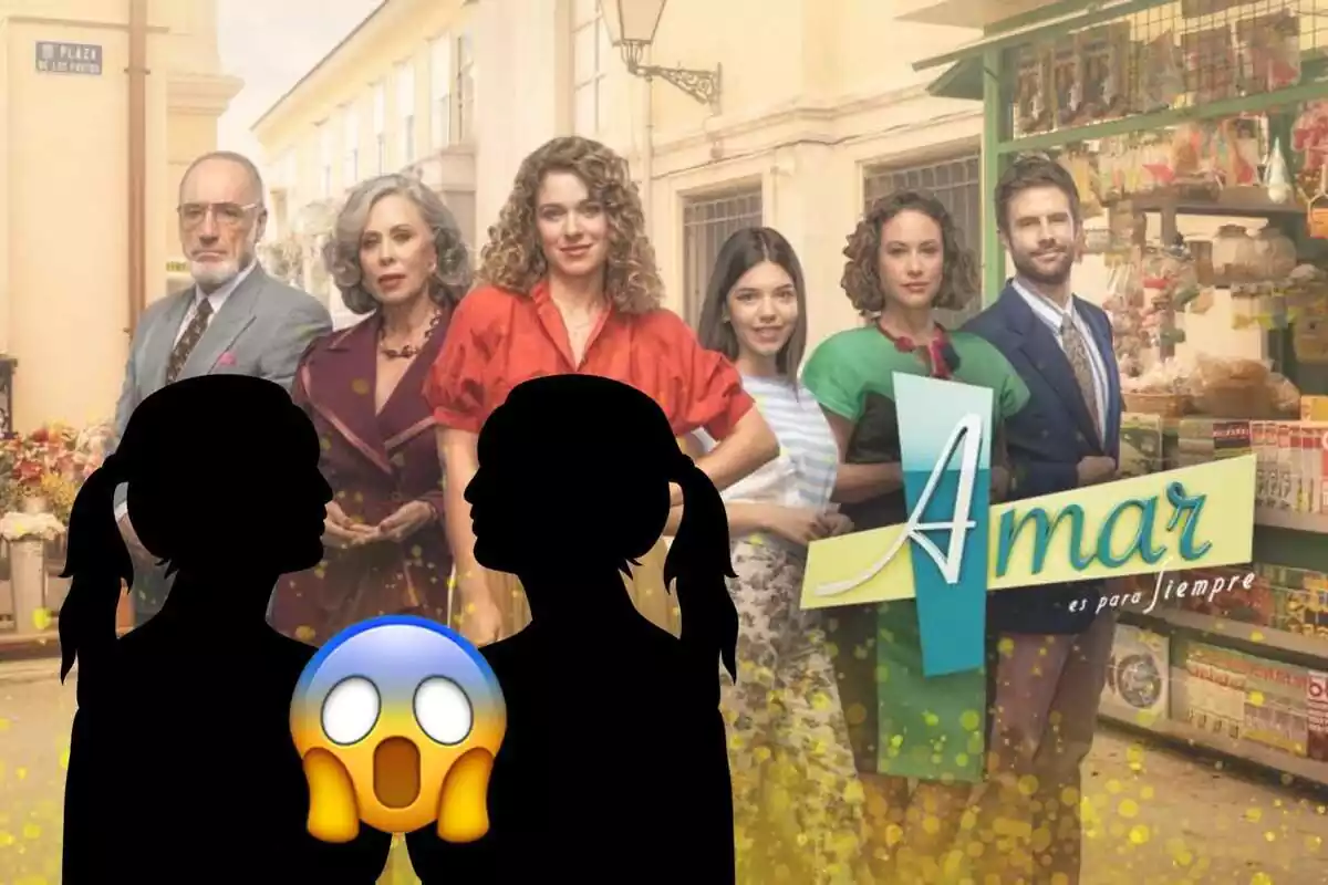 Montaje de fotos del cartel promocional de la serie 'Amar es para siempre' y la silueta de dos chicas con un emoji de sorpresa enfrente