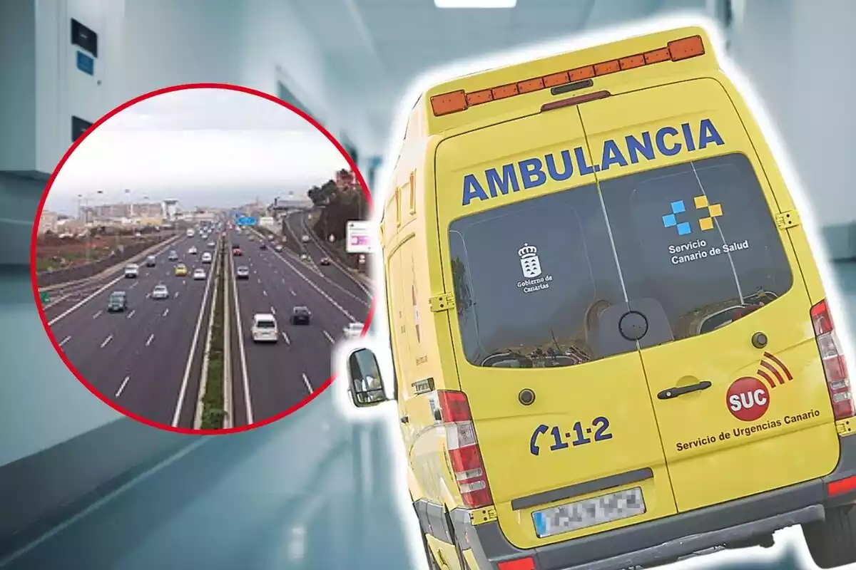 Montaje de fotos de primer plano de la parte trasera de una ambulancia de Tenerife y, al lado, el plano general de una carretera