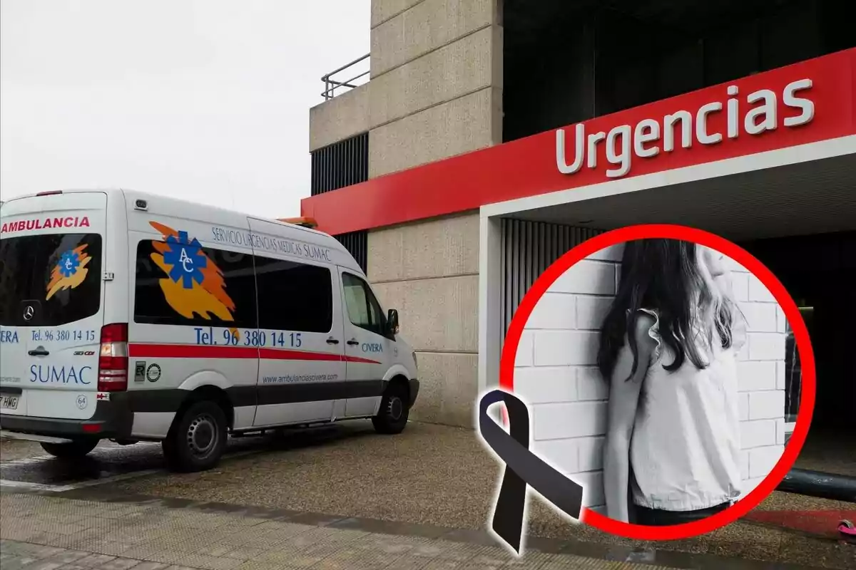 Ambulancia estacionada frente a la entrada de urgencias de un hospital con un recuadro que muestra a una niña en blanco y negro junto a un lazo negro de luto.