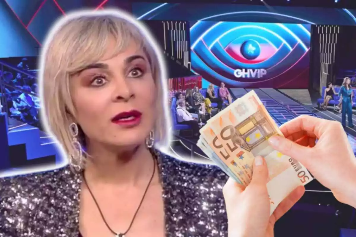 Montaje de fotos de Ana María Aldón con rostro de sorpresa con el plató de 'GH' de fondo; al lado, una mano sujetando billetes de euro