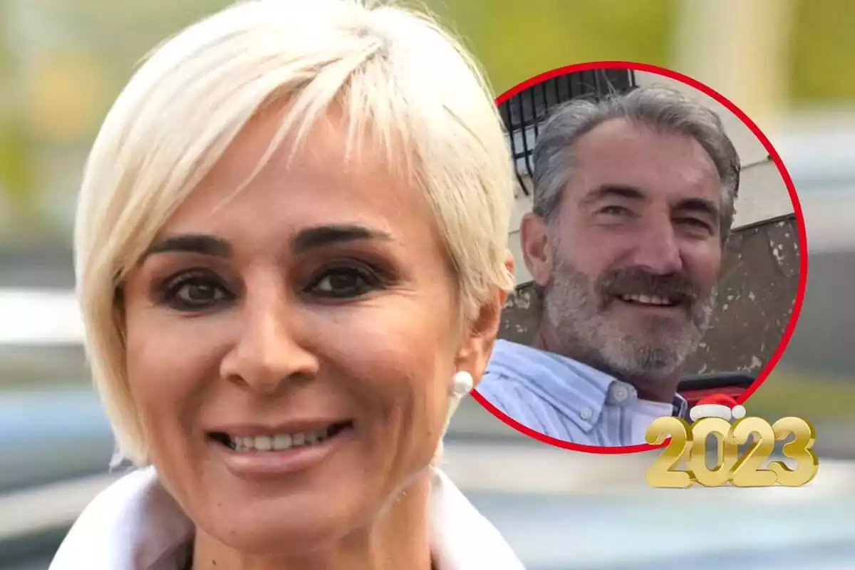 Montaje de fotos de primer plano de Ana María Aldón y su novio Eladio con un emoji de 2023 al lado