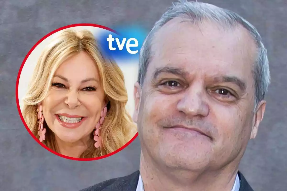 Montaje de fotos de primer plano de Ramón García y Ana Obregón, con rostro sonriente, y el logo de TVE al lado