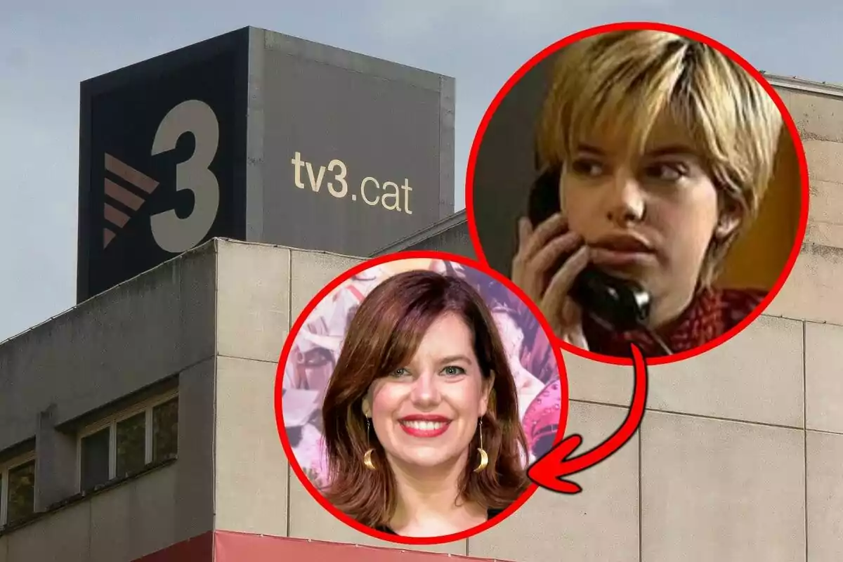 Edificio de TV3 con dos imágenes circulares del antes y el después de Mariona Ribas, una mítica actriz que ha participado en varias series de la cadena catalana.