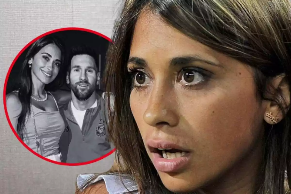 Montaje de fotos de primer plano de Antonela Roccuzzo, con rostro serio, y al lado una imagen de ella con Leo Messi