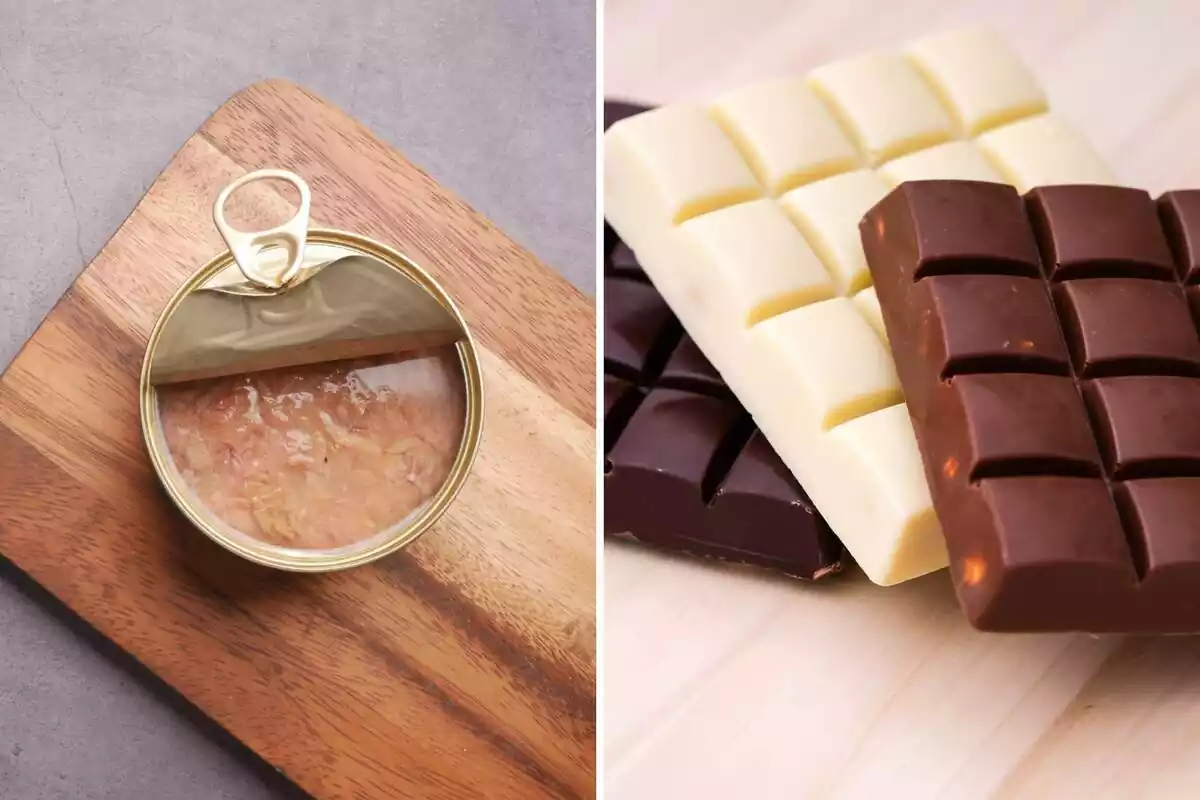 Montaje de fotos de primer plano de una lata de atún y, al lado, una imagen de tres tabletas de chocolate Montaje de fotos de primer plano de una lata de atún y, al lado, una imagen de tres tabletas de chocolate