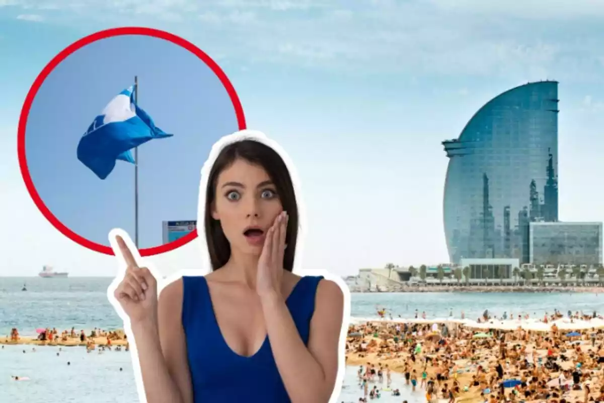 Montaje de fotos de una playa de Barcelona y, al lado, una bandera azul con una mujer con rostro de sorpresa