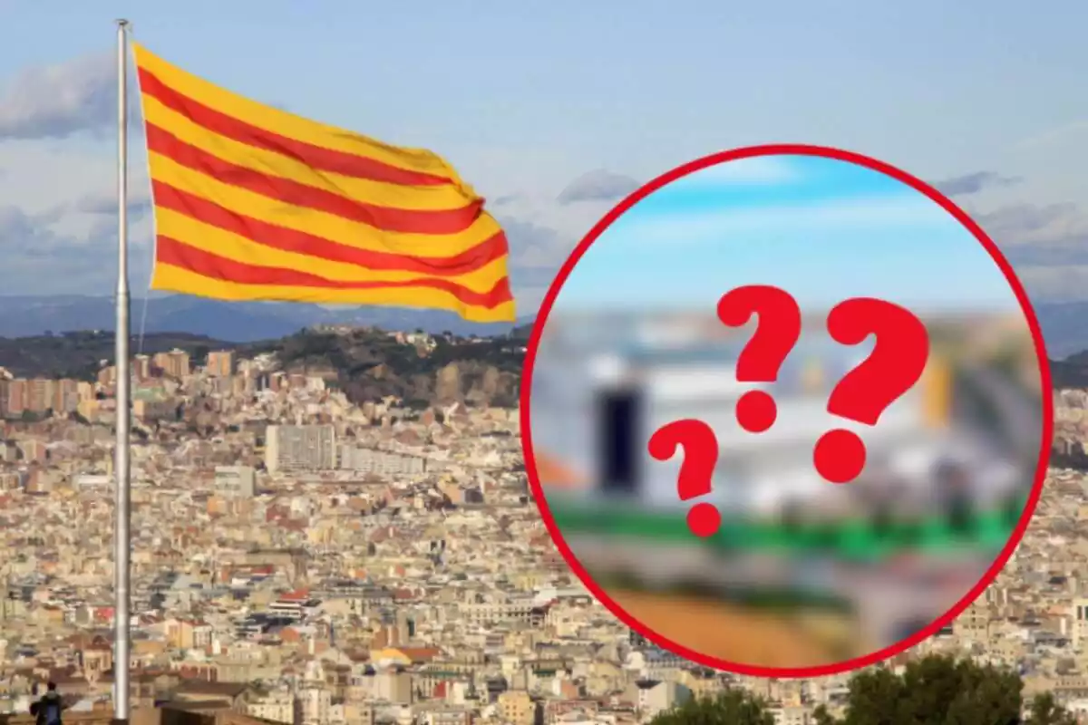 Montaje de fotos de un plano general de una ciudad catalana con una bandera de Cataluña y, al lado, una imagen borrosa con interrogantes