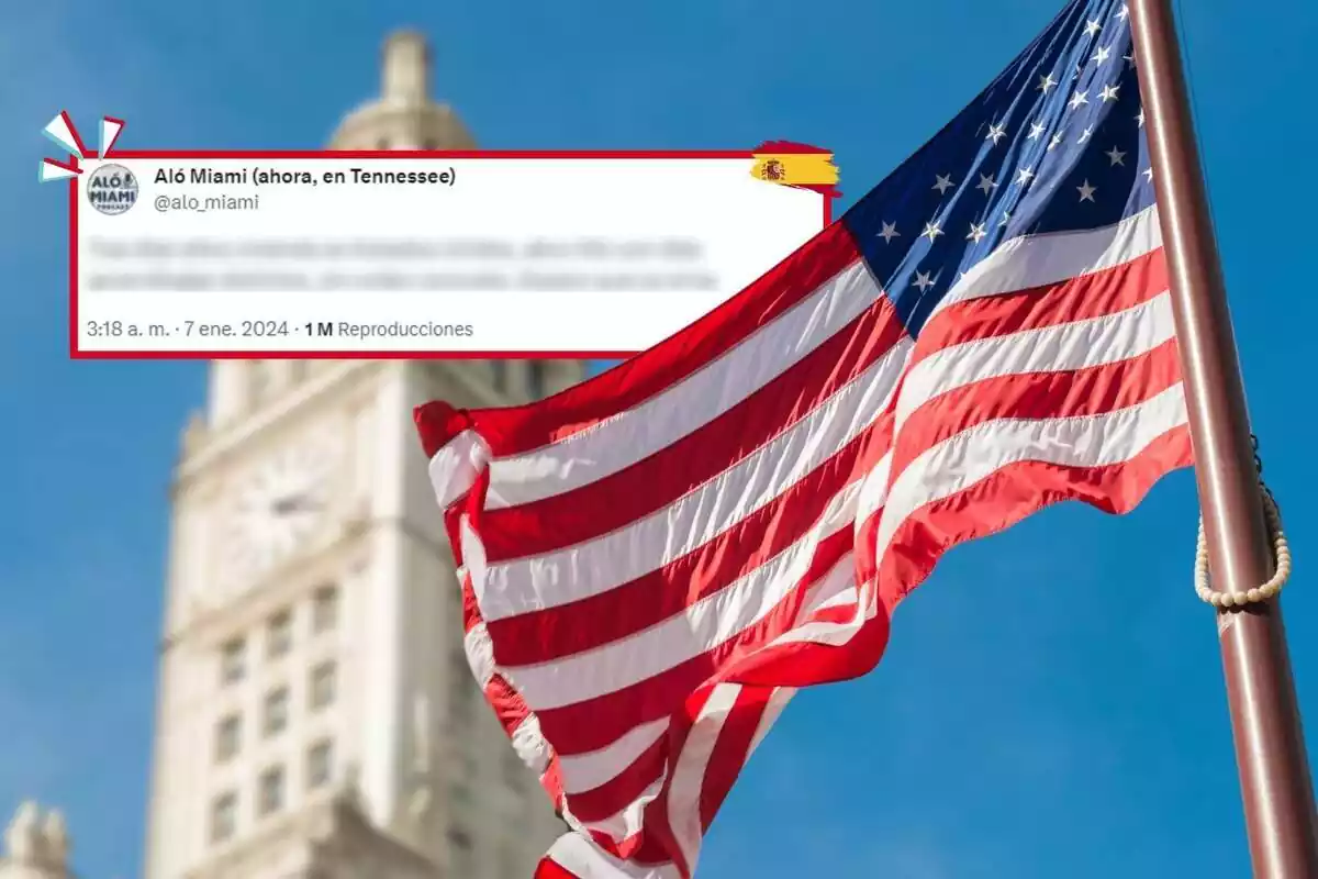 Montaje de fotos de una bandera de Estados Unidos en primer plano y, de fondo, una captura de un tweet del usuario @alo_miami con el contenido difuminado