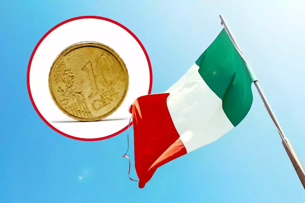Montaje de fotos de una bandera de Italia y, al lado, una imagen de una moneda de 10 céntimos Montaje de fotos de una bandera de Italia y, al lado, una imagen de una moneda de 10 céntimos