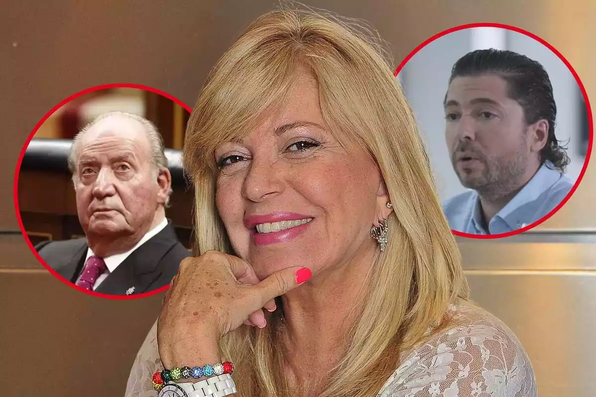 Montaje de fotos de Bárbara Rey sonriente; y Juan Carlos I y Ángel Cristo con rostro serio en círculos a su alrededor