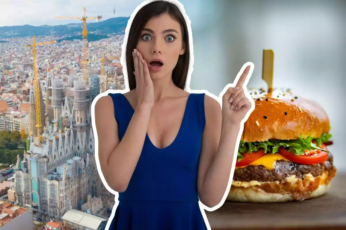 Montaje de fotos de un plano general de Barcelona y, al lado, una hamburguesa; en el centro de la imagen, una persona con rostro de sorpresa