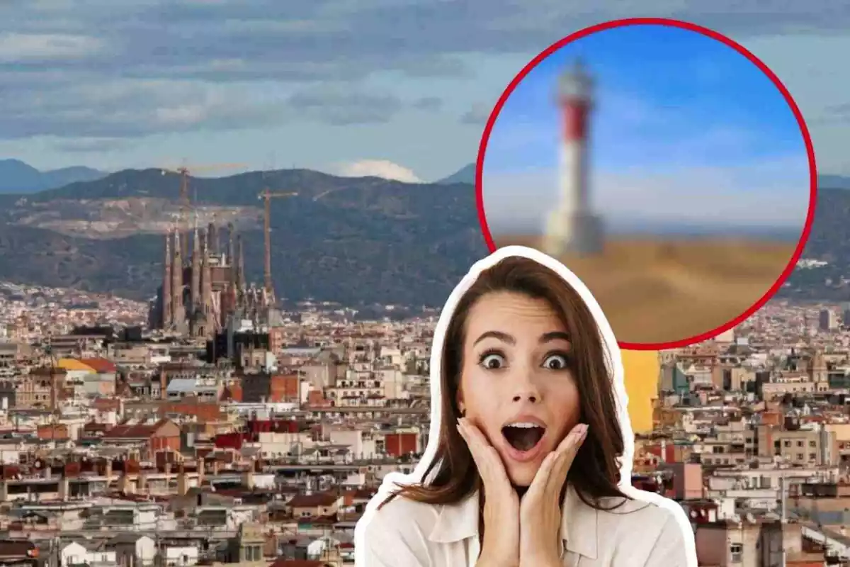Montaje con una imagen de la ciudad de Barcelona, una persona sorprendida y una imagen de un faro difuminada