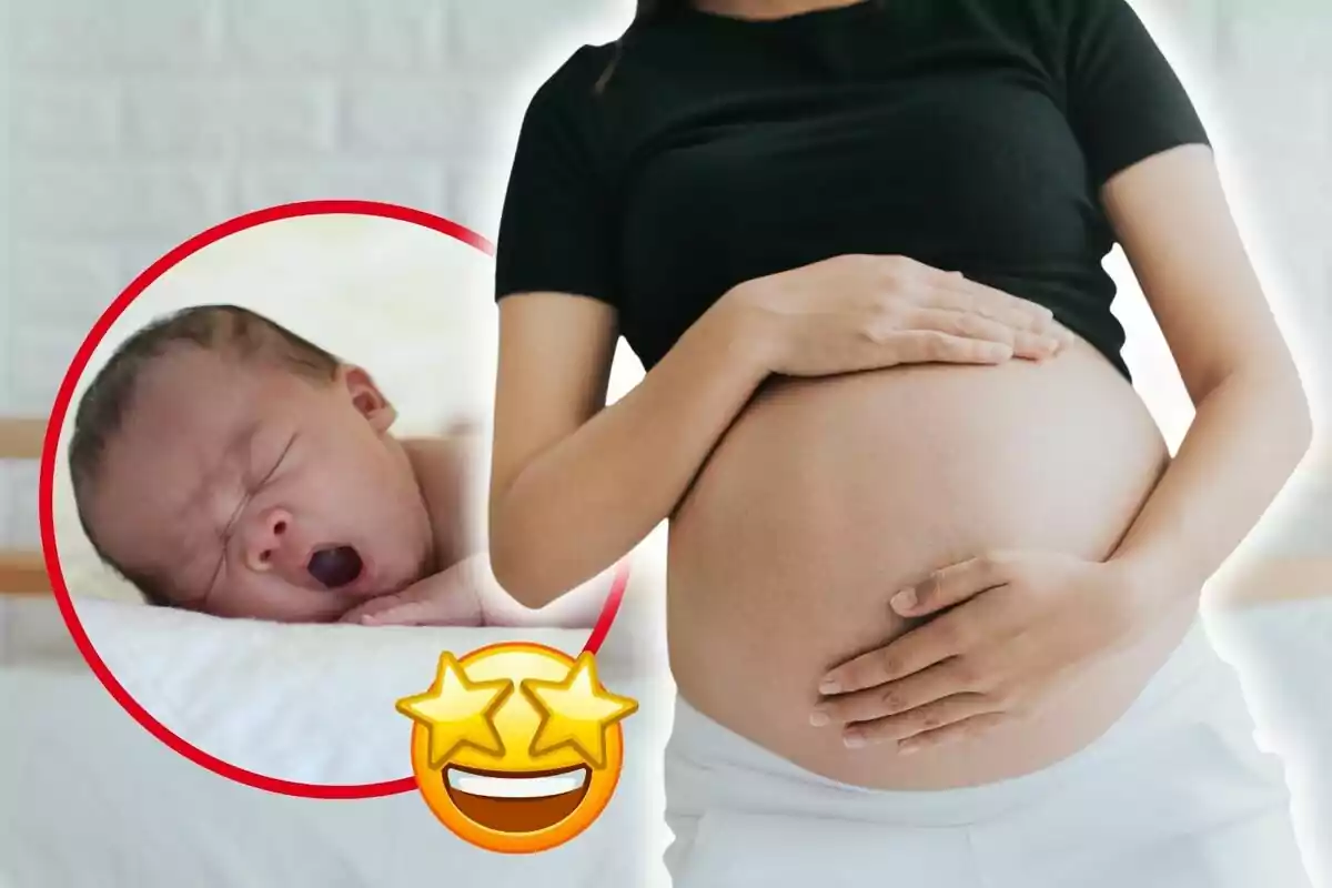 Una mujer embarazada con las manos sobre su vientre, junto a una imagen circular de un bebé bostezando y un emoji con ojos de estrellas y una gran sonrisa.