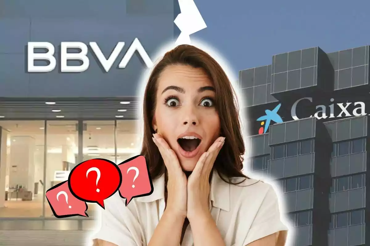 Una mujer con expresión de sorpresa está en el centro de la imagen, con logos de los bancos BBVA y CaixaBank en el fondo y varios iconos de signos de interrogación rojos alrededor de ella.