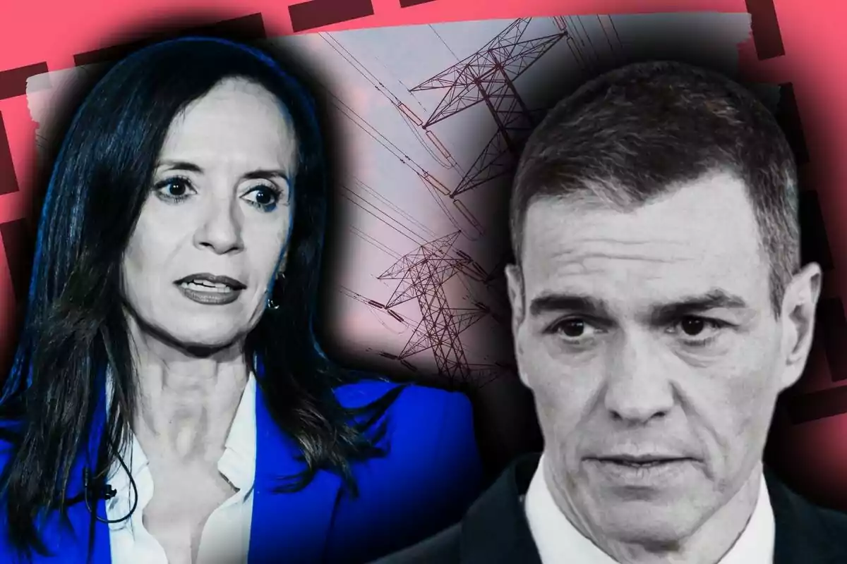 Montaje de fotos de primer plano de Beatriz Corredor y Pedro Sánchez ambos con rostro serio; y, de fondo, una imagen de torres eléctricas y un efecto de color rojo.