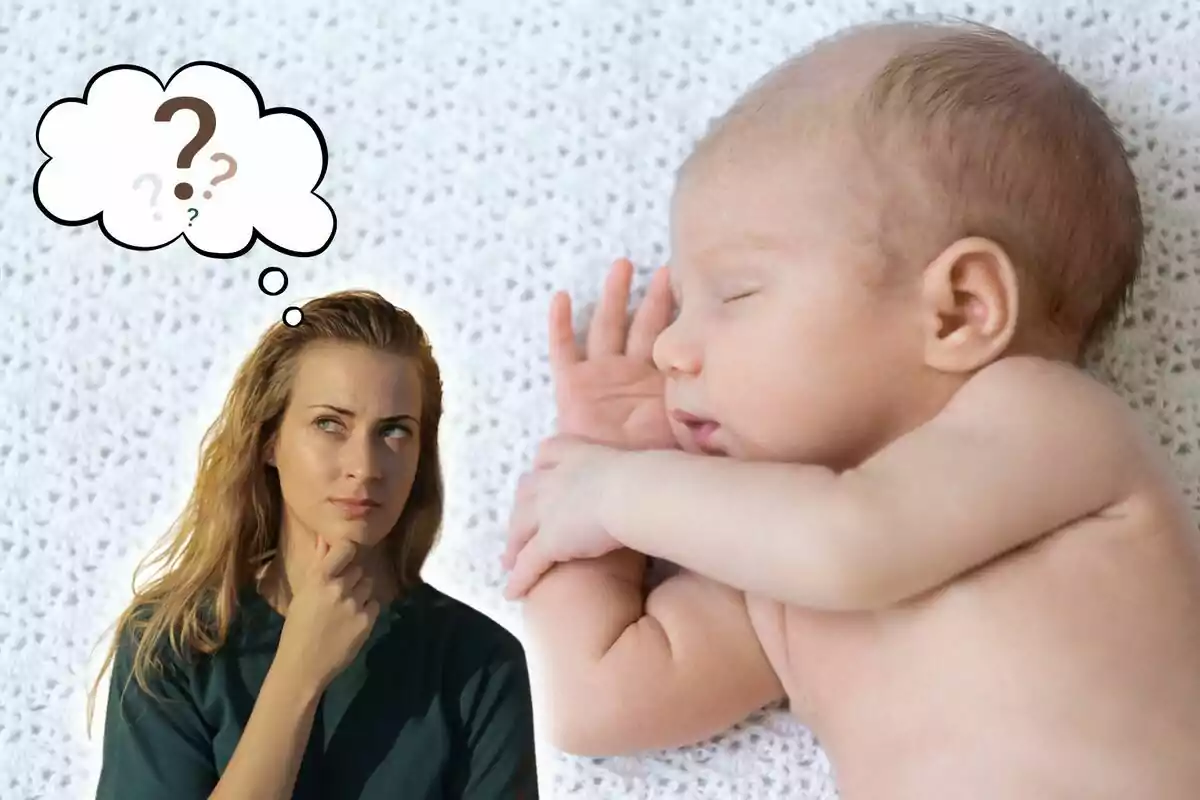 Montaje de fotos de un bebé durmiendo y, al lado, una persona pensativa con interrogantes al lado
