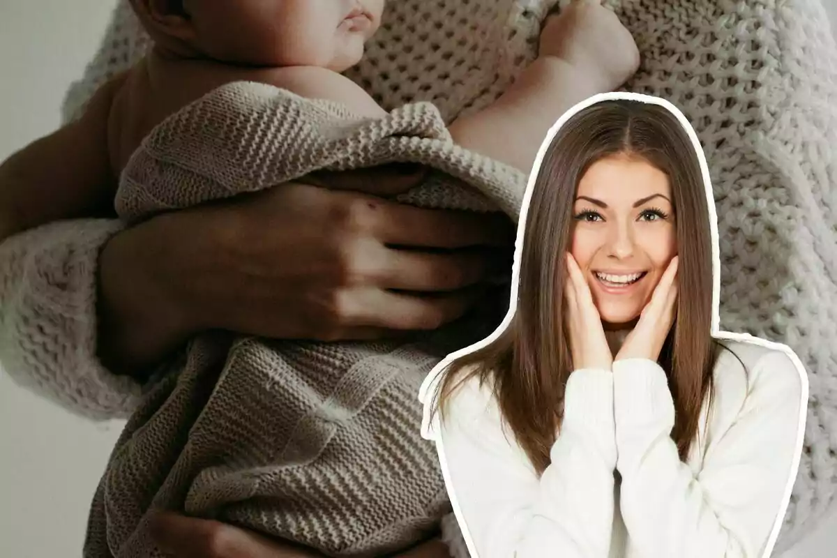 Montaje de fotos de un bebé en brazos y, al lado, una mujer con rostro feliz