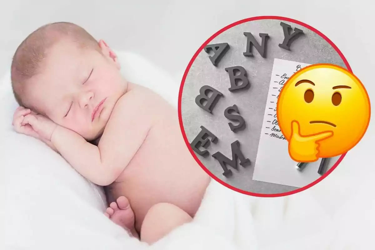 Montaje de fotos de bebé recién nacido y, al lado, una lista de nombres y un emoji pensativo