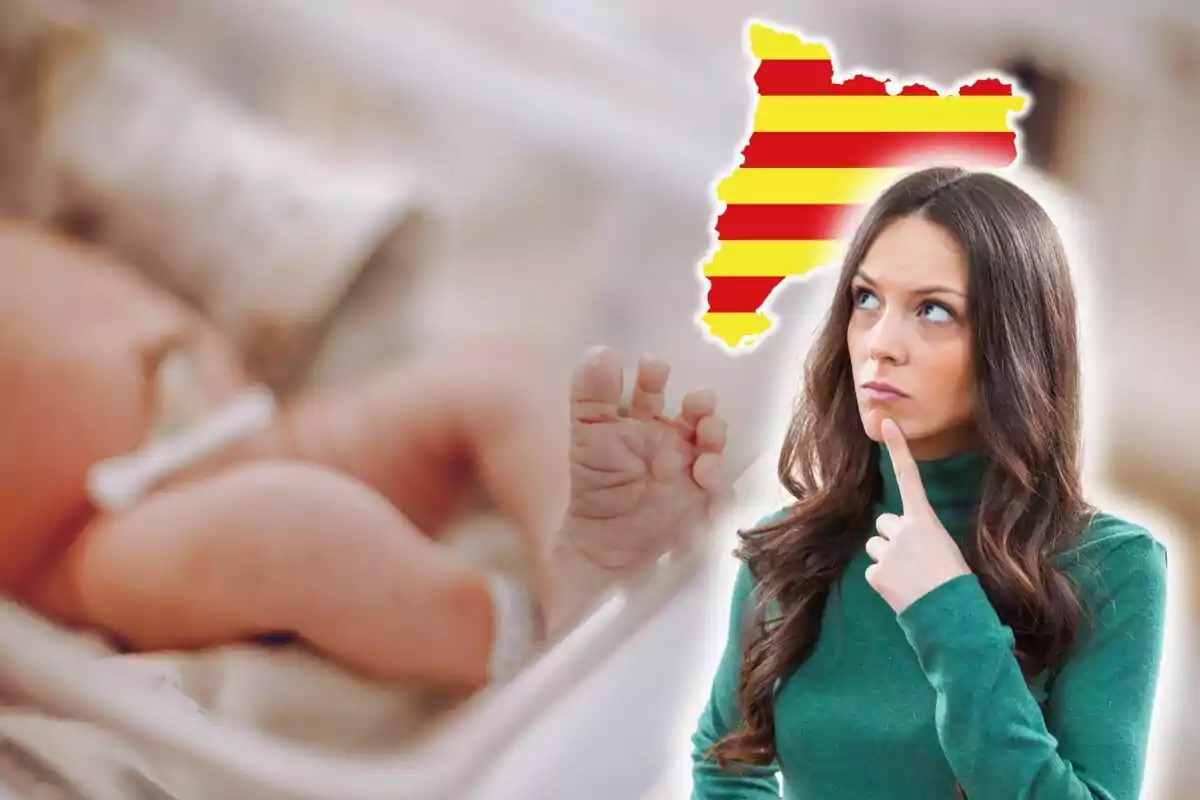 Una mujer pensativa con un mapa de Cataluña y un bebé en el fondo.