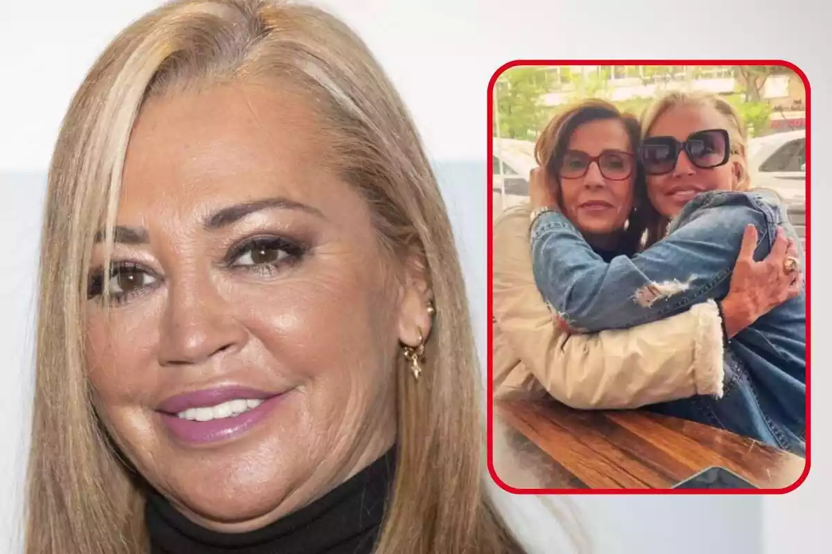 Montaje de fotos de primer plano de Belén Esteban sonriente y al lado una imagen suya abrazando a Mercedes Bernal, madre de Anabel Pantoja