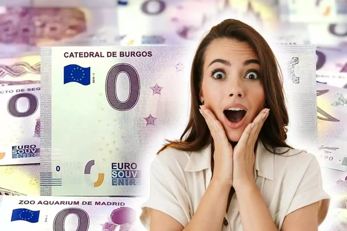 Montaje de fotos de persona sorprendida y, de fondo, una imagen de un billete de 0 euros