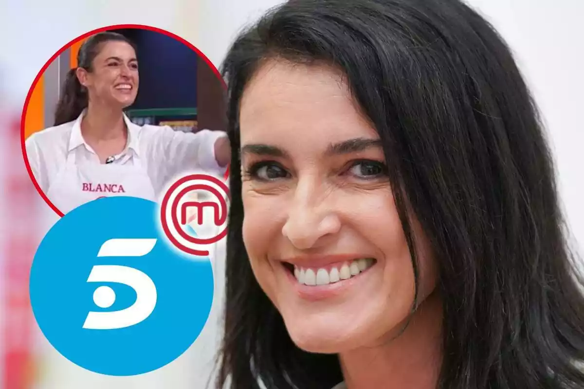 Montaje de fotos de primer plano de Blanca Romero sonriente y, al lado, una imagen de ella en 'MasterChef' y el logo de Telecinco