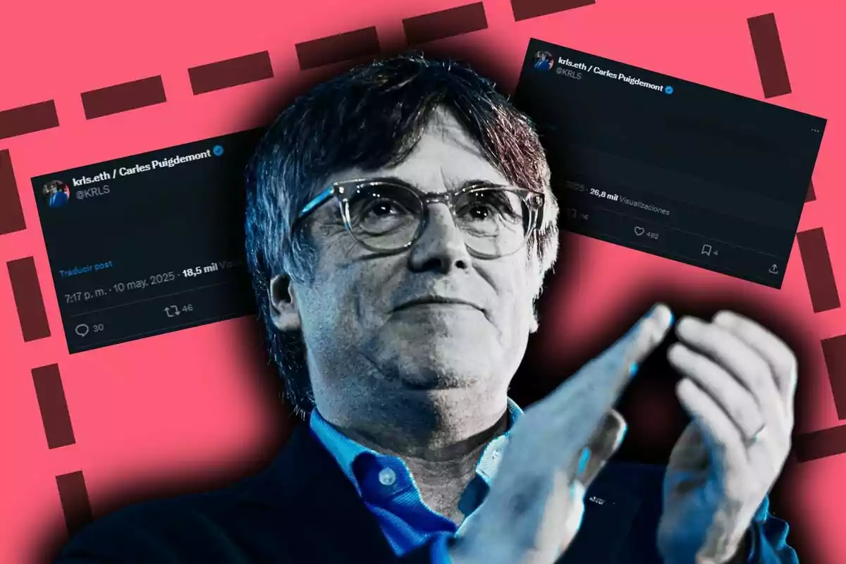 Montaje de fotos de Carles Puigdemont con expresión seria, el cual aparece en primer plano sobre un fondo rosa con dos capturas de pantalla de tweets en la parte posterior.