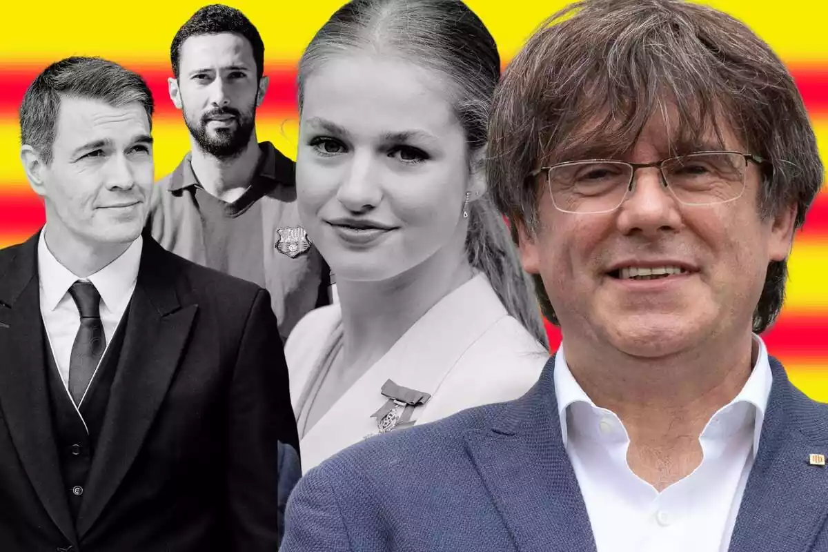 Montaje de fotos de Carles Puigdemont, Leonor de Borbón, Pedro Sánchez y Josep Miquel Arenas (Valtònyc) con la bandera catalana de fondo