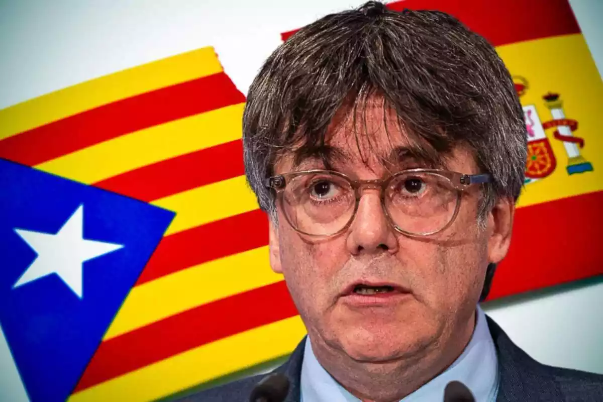 Montaje de fotos de primer plano de Carles Puigdemont con rostro serio y, de fondo, una imagen de la bandera estelada y la española