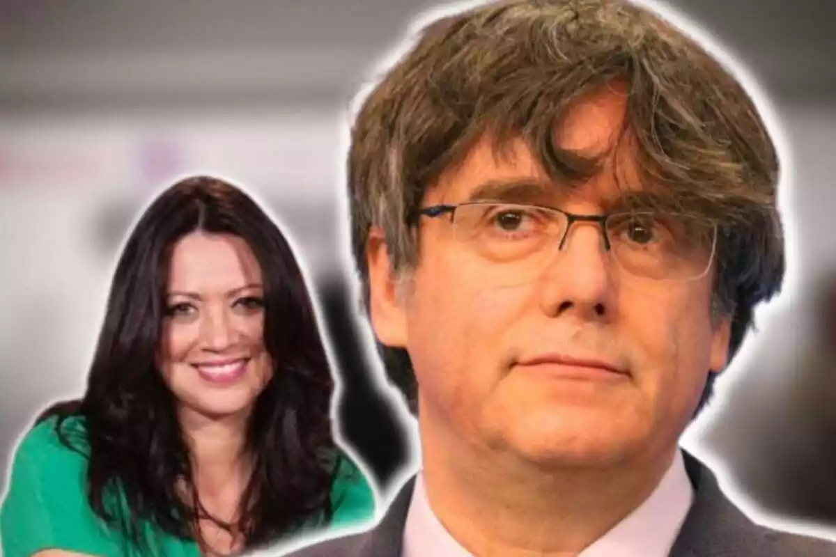 Montaje de fotos de primer plano de Carles Puigdemont y Marcela Topor con rostro sonriente