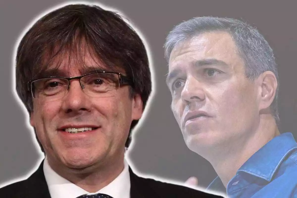Montaje de fotos de primer plano de Carles Puigdemont sonriente y Pedro Sánchez con cara de preocupación