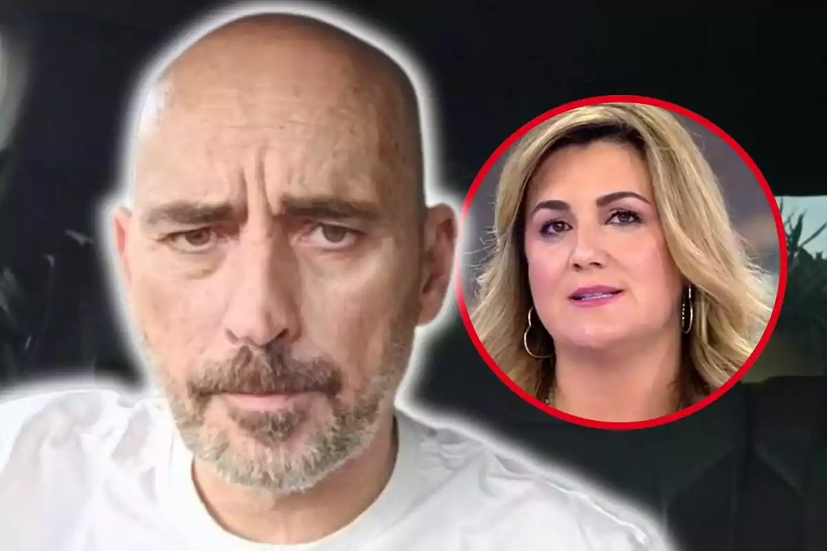 Primer plano de Diego Arrabal calvo con barba y expresión seria, con la imagen de Carlota Corredera rubia en un círculo rojo en la esquina superior derecha.