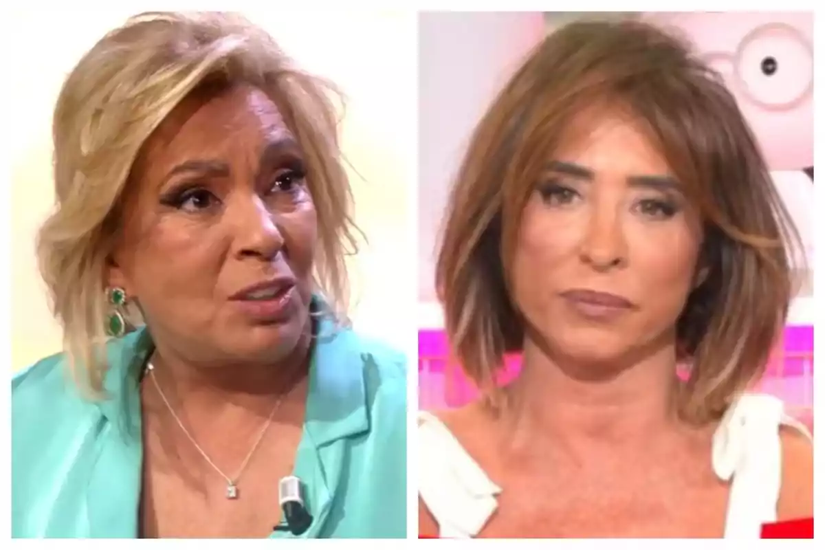 Dos mujeres -que son Carmen Borrego y María Patiño- en un programa de televisión, una con cabello rubio y otra con cabello castaño. Dos mujeres -que son Carmen Borrego y María Patiño- en un programa de televisión, una con cabello rubio y otra con cabello castaño.