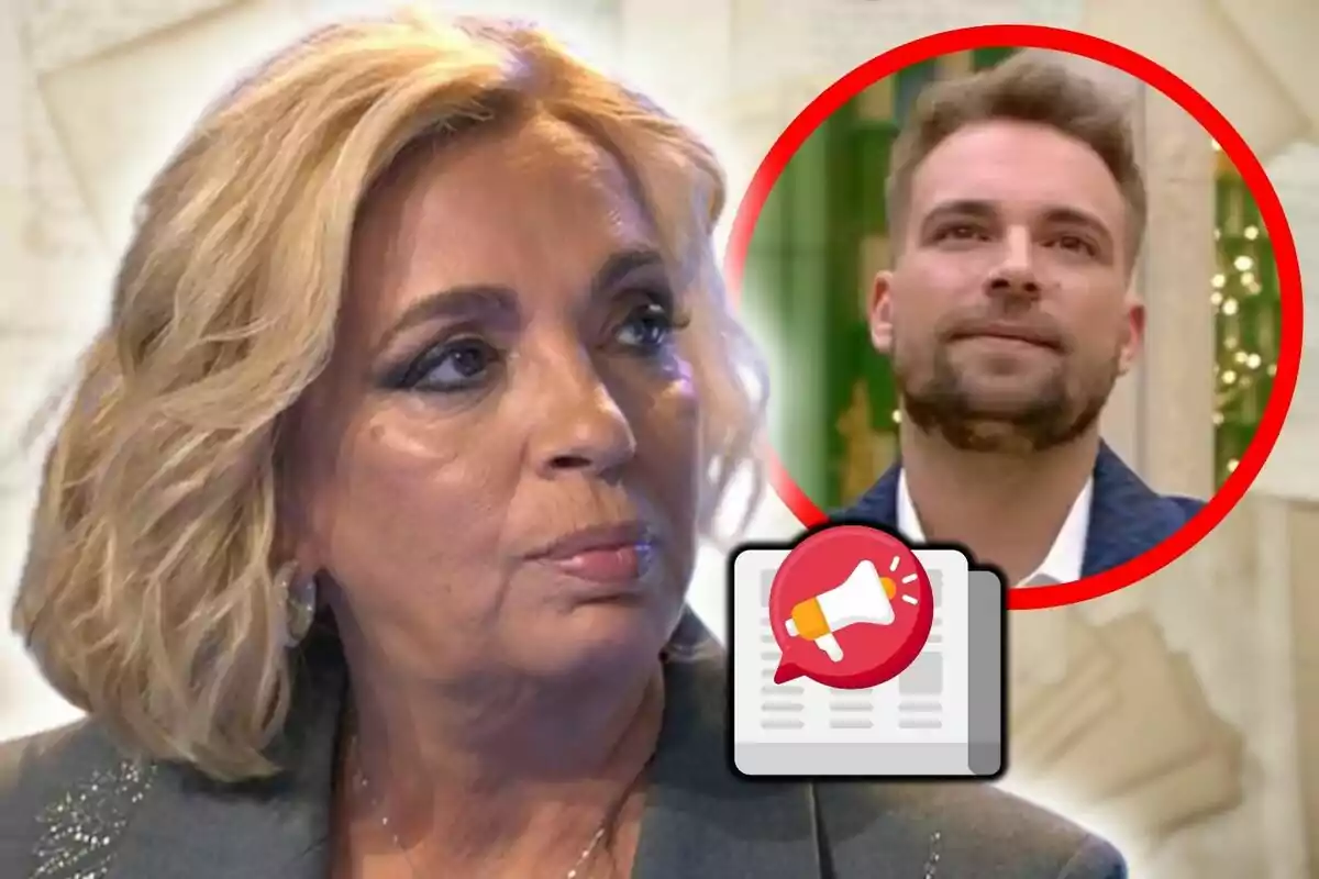 Montaje de fotos de primer plano de Carmen Borrego mirando hacia un lado con un recuadro rojo que muestra a José María Almoguera con un icono de megáfono sobre un periódico.