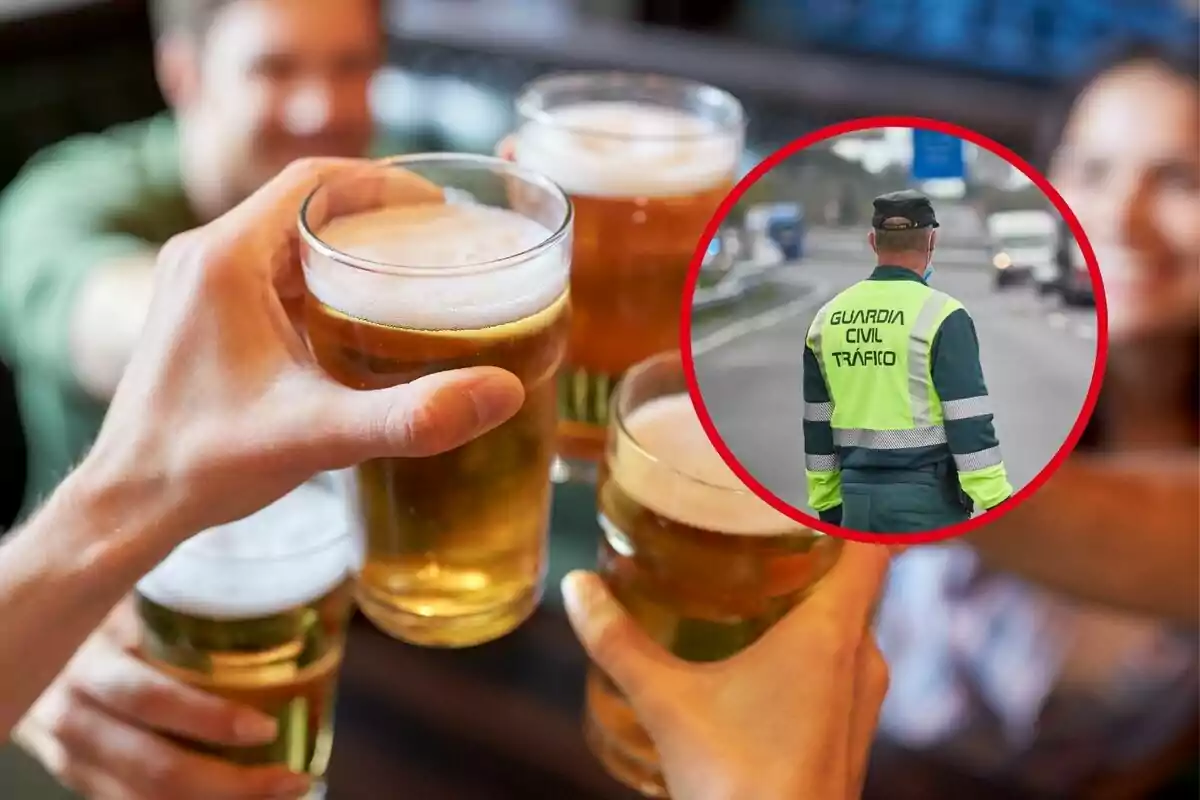 Personas brindando con cervezas y un agente de la Guardia Civil de Tráfico en un recuadro. Personas brindando con cervezas y un agente de la Guardia Civil de Tráfico en un recuadro.