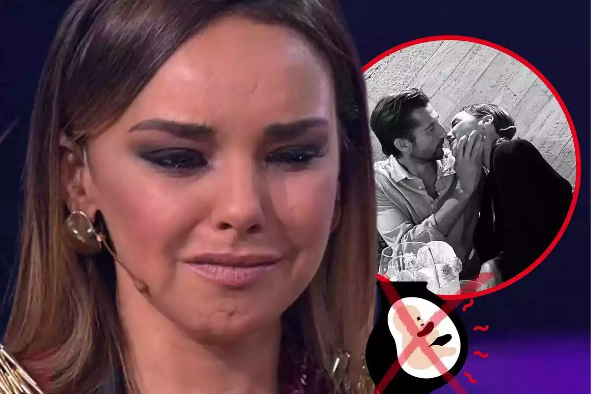 Montaje de fotos de Chenoa llorando y, al lado, una imagen de ella con Miguel Sánchez con un emoji de emarazo tachado