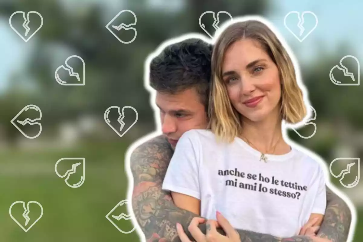 Montaje de fotos de plano corto de Chiara Ferragni y Fedez abrazados con emojis de corazones rotos de fondo