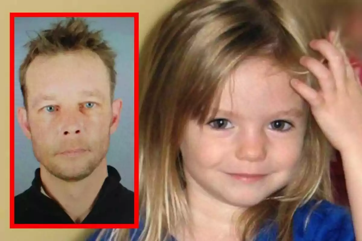 Una imagen muestra a Christian Brückner en un recuadro rojo a la izquierda y a Madeleine McCann sonriendo a la derecha. Una imagen muestra a Christian Brückner en un recuadro rojo a la izquierda y a Madeleine McCann sonriendo a la derecha.