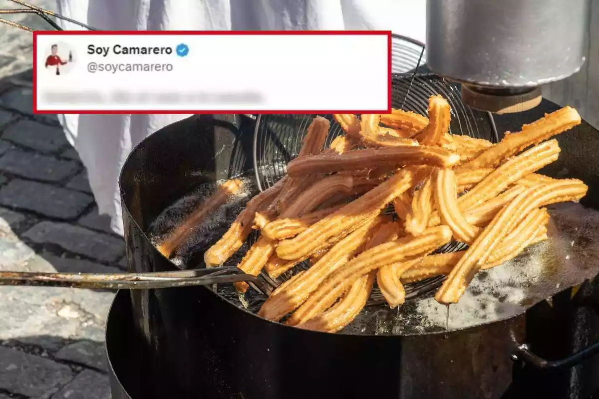 Montaje de fotos de unos churros cocinándose en aceite y, al lado, una captura de pantalla de un tweet de '@SoyCamarero' con el contenido borroso